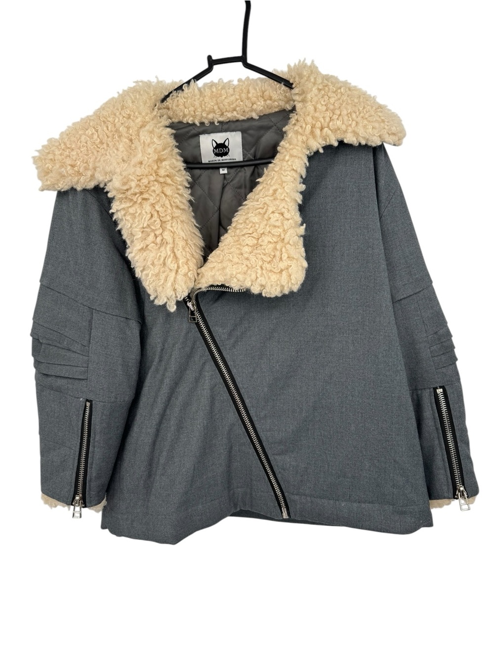 MDM Maison de Mianyanger Grey Shearling Asymmetrical Collar Moto Jacket M